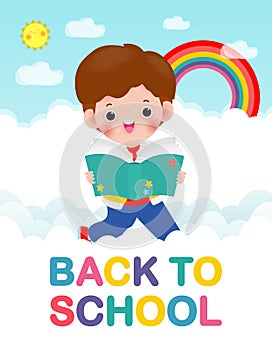Back to school with school kids reading book education concept, cartoon happy children background banner Template for advertising