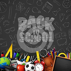 Back to School with school supplies and doodles on black chalkboard background