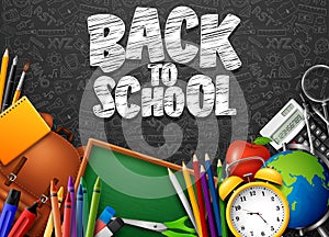 Back to School with school supplies and doodles on black chalkboard background