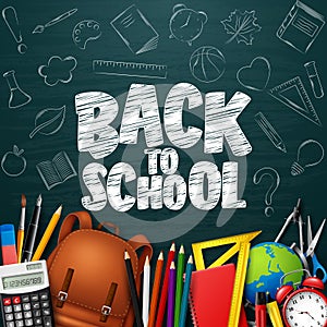 Back to School with school supplies and doodles on blue chalkboard background