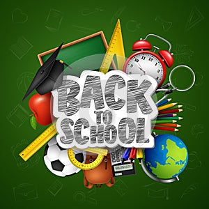 Back to School with school supplies and doodles on green chalkboard background