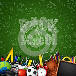 Back to School with school supplies and doodles on green chalkboard background