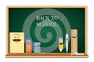 Back to School with school supplies and doodles on green chalkboard background. vector illustration