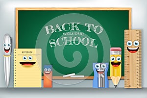 Back to School with school supplies and doodles on green chalkboard background. vector illustration