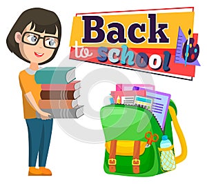 Back to School, Schoolbag and Girl with Books Pile