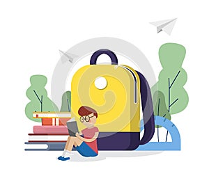 Back to School. Schoolboy read books near school backpack. Education concept. Vector Illustration photo