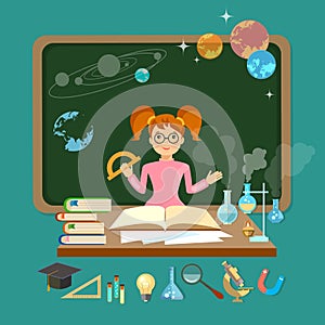 Back to school schoolgirl in a school board astronomy physics