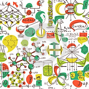 Back to School: science lab objects doodle vintage style sketches seamless pattern,