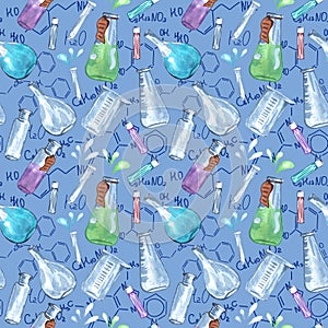 Back to school - Science seamless pattern. Watercolor educational background. Can be used for wallpaper, pattern fills