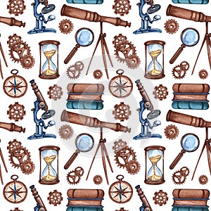 Back to school - Science seamless pattern. Watercolor educational background. Can be used for wallpaper, pattern fills