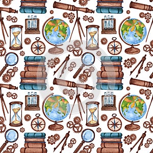 Back to school - Science seamless pattern. Watercolor educational background. Can be used for wallpaper, pattern fills