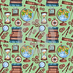 Back to school - Science seamless pattern. Watercolor educational background. Can be used for wallpaper, pattern fills