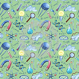 Back to school - Science seamless pattern. Watercolor educational background. Can be used for wallpaper, pattern fills
