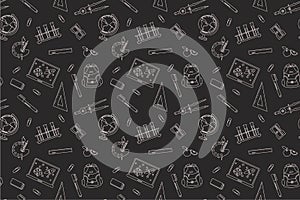 Back to school Seamless pattern with chalk drawing ruler, eraser, backpack, sharpener, globe, apple, laptop, compass