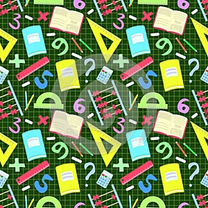 Back to school seamless pattern: chalk, numbers, notebooks, rulers, pencils, abacus isolated on dark green checkered background