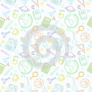 Back to school. Seamless pattern with a checkered notebook sheet