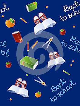 Back to school seamless pattern on dark blue background. Vector illustration.