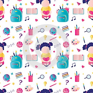 Back to school seamless pattern, education background. Cute schoolgirl with backpack, stationery and supplies