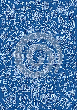 Back to school seamless pattern with hand-drawn doodles. Cover of a school notebook. Vector illustrations for printing banners,