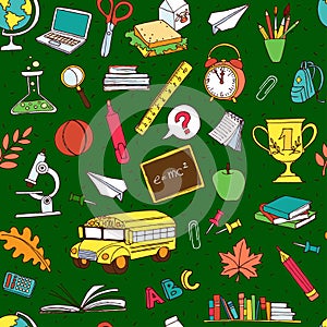 Back to school seamless pattern of kids doodles with bus, books,