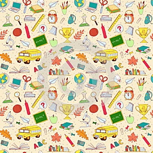 Back to school seamless pattern of kids doodles with bus, books,
