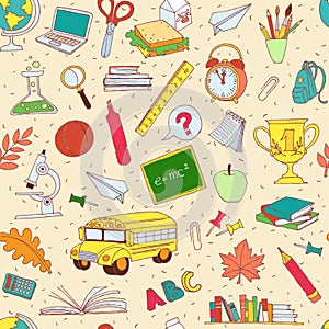 Back to school seamless pattern of kids doodles with bus, books,