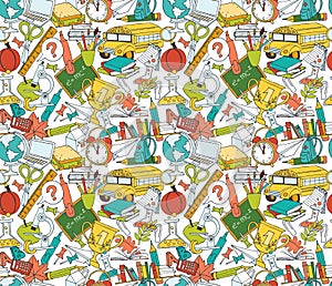 Back to school seamless pattern of kids doodles with bus, books
