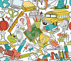 Back to school seamless pattern of kids doodles with bus, books