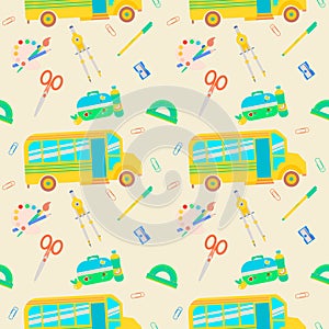 Back to school Seamless pattern with ruler, school bus, compass, scissors, sharpener, lunchbox. Vector flat illustration