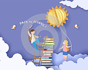 Back to school card with boy, books and sun