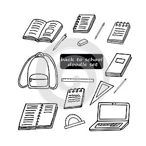 Back to school set of elements hand drawn in doodle style. vector graphic scandinavian monochrome minimalism simple. study, ruler