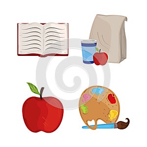 Back to school, set icons of book lunch and art palette color brush education