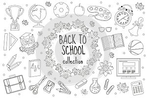 Back to school set of icons, line style. Education collection of doodle design elements, outline. Coloring page for