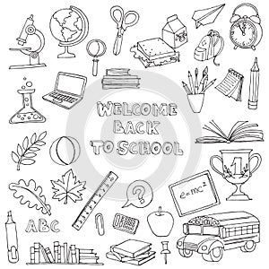 Back to school set of kids doodles with bus, books, computer, bl