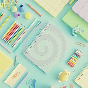 Back to school, Set of stationery on the table. 3d render illustration