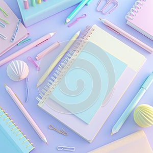 Back to school, Set of stationery on the table. 3d render illustration