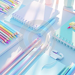 Back to school, Set of stationery on the table. 3d render illustration