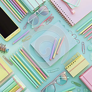 Back to school, Set of stationery on the table. 3d render illustration