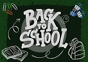 Back to school. Set of various signs. Abstract board. Sketchy background with hand drawn school supplies. Banner design.