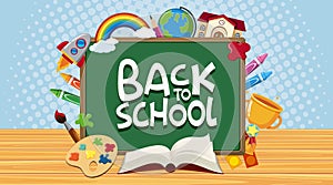 Back to school sign with board and school items