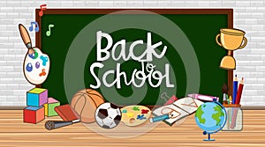 Back to school sign with board and school items