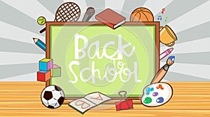 Back to school sign with board and school items