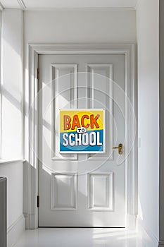 Back to school sign hanging on a classroom door indicating the start of the academic year. photo