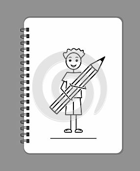 back to school sketch, male student, drawing clip-art, happy boy holding a giant pencil, drawn on a notebook page, black