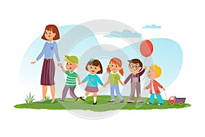 Back to school. Small children follow the teacher and hold hands. Lang banner. Template for the design. Funny cartoon