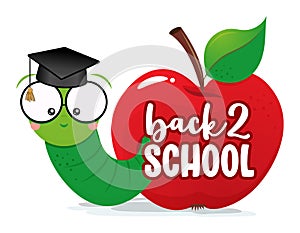 Back to school. Smart worm, studens, in red apple wit graduate cap