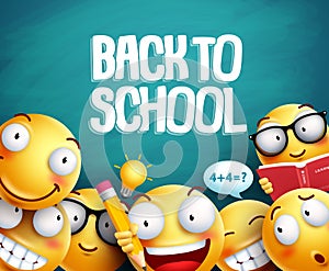 Back to school smileys vector design. Yellow student emoticons photo