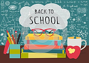 BACK TO SCHOOL on speech bubblesabove science books, pens box,apple and mug with science doodles on chalkboard background for bann