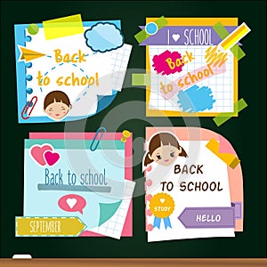 Back to school stickers. Design template of memory sticky notes, study symbols. For marketing advertisements and pupil announcemen