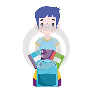 Back to school, student boy books inside backpack elementary education cartoon